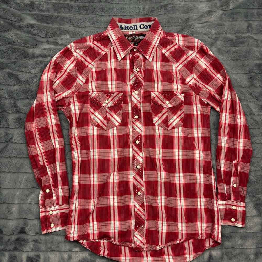 Rock and Roll Cowboy Mens Red Plaid Pearl Snap Western Shirt Slim Fit B2S5104 S
